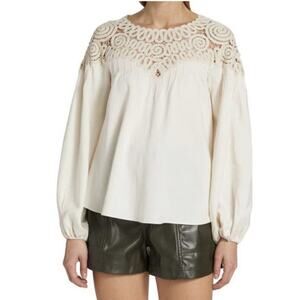 Jonathan Simkhai Maribel Guipure Lace Yoke Cotton Top in Shell Sz XS